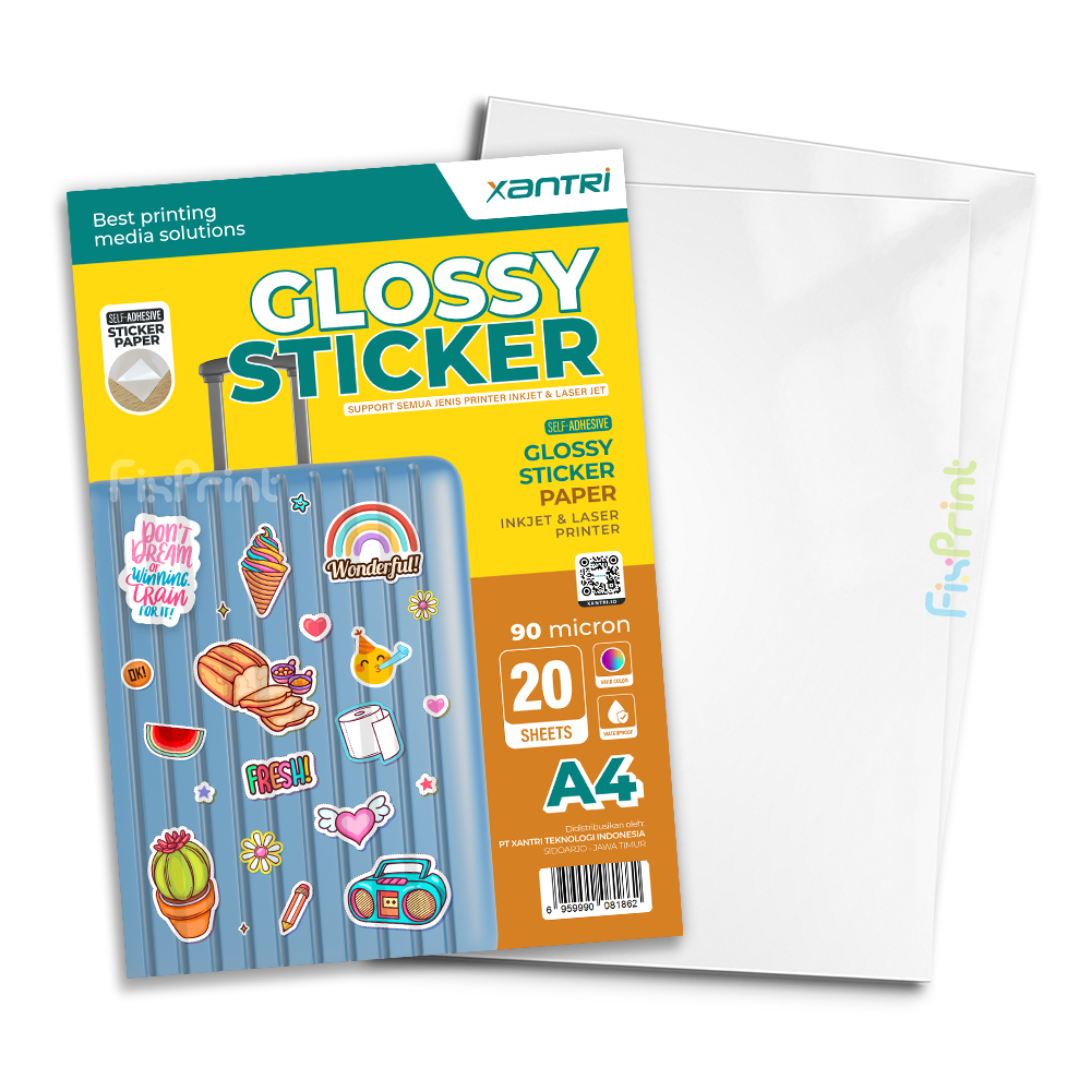 Kertas Stiker Xantri Glossy White PP 90 Mic isi 20 lmbr, Glossy Sticker Paper White Waterproof Inkjet A4 90 Micron